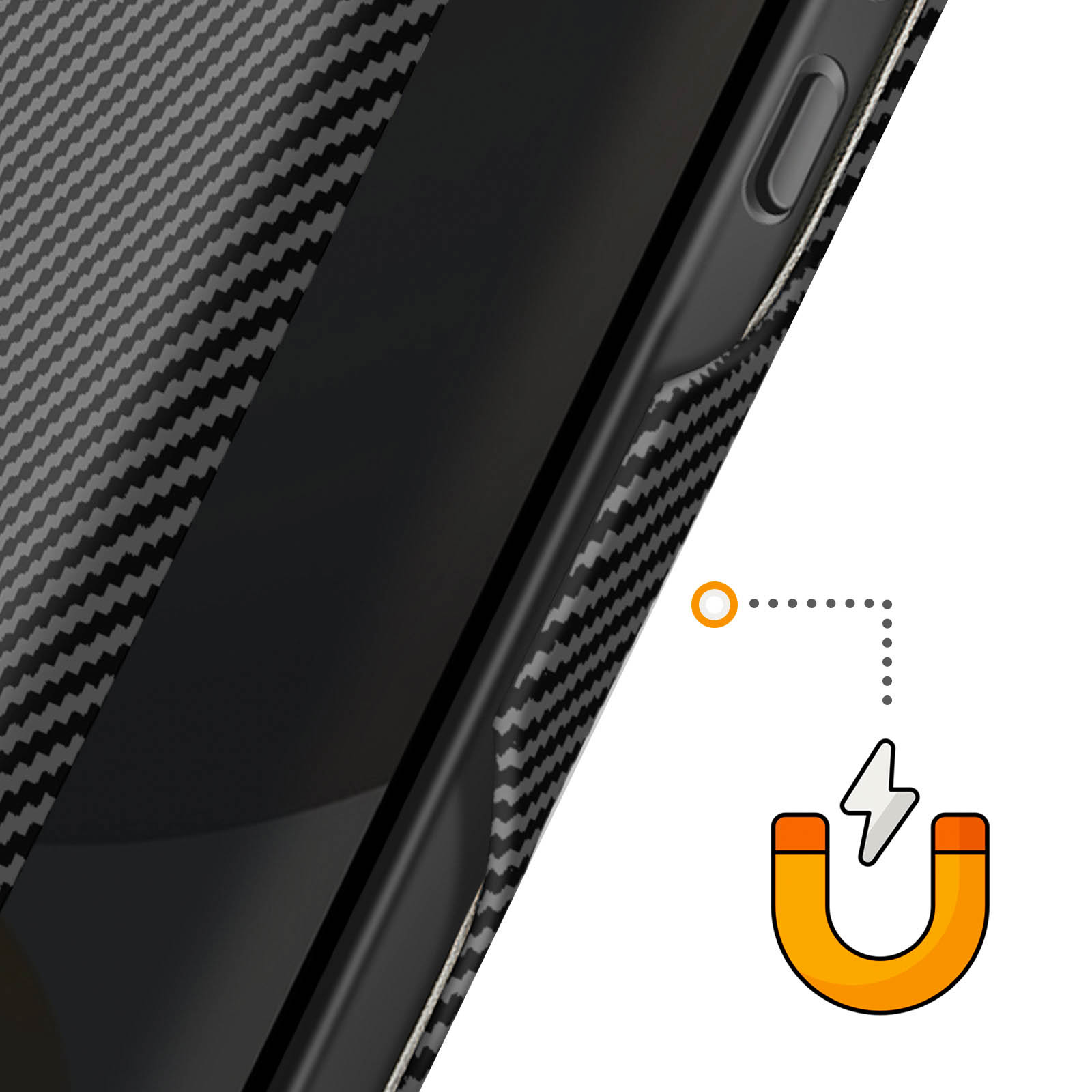 Custodia nera per telefono con motivo in fibra di carbonio e icona magnete.