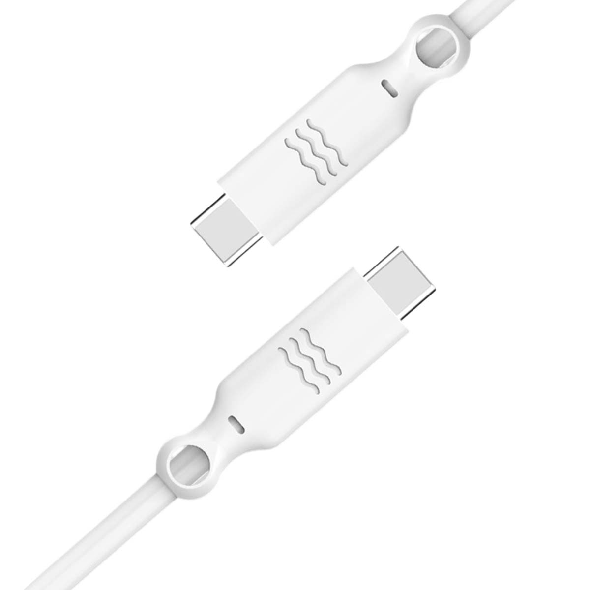 Due estremità di cavo USB-C bianche con motivo a onde, su sfondo bianco.