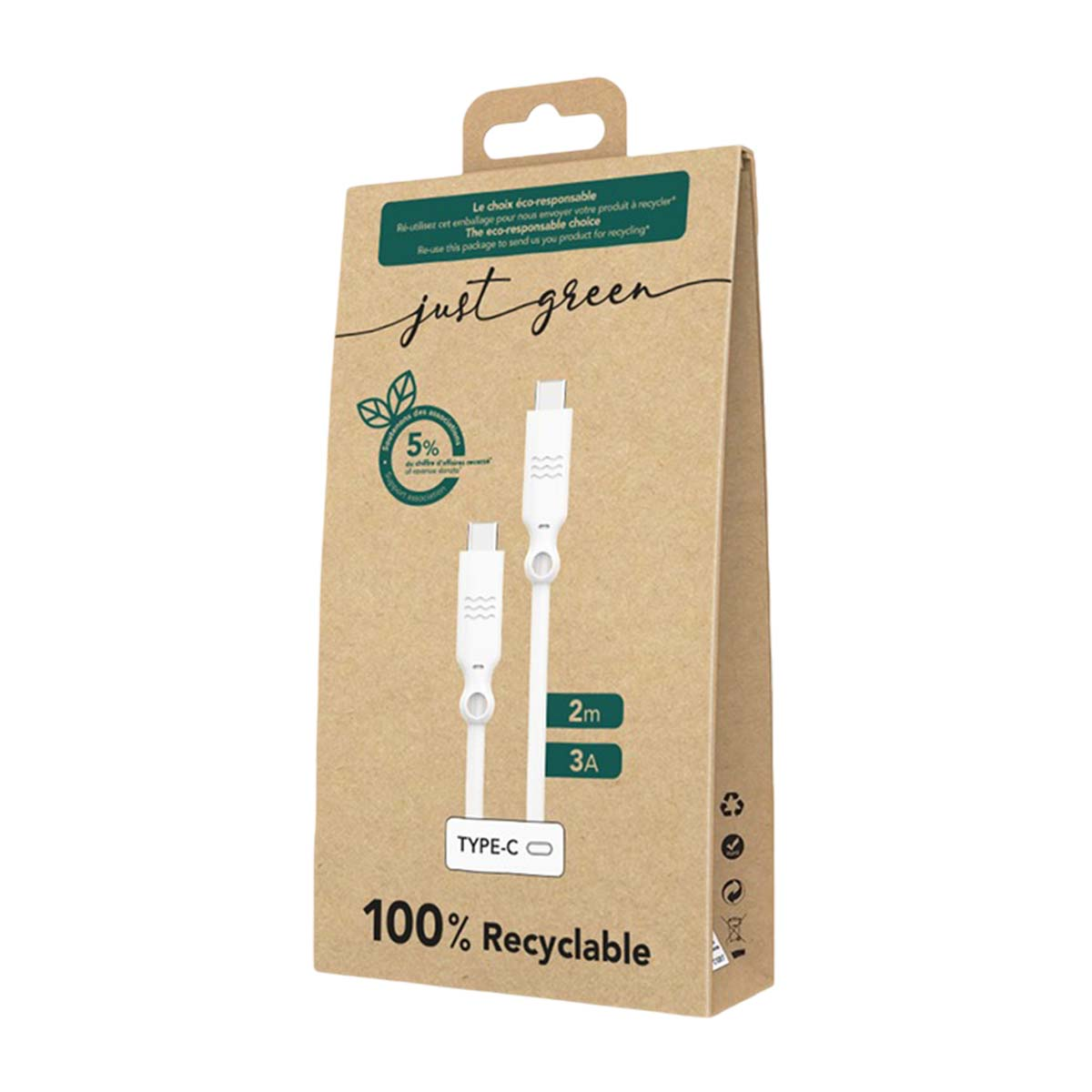 Confezione cavo USB-C bianco, 2m, 3A, 100% riciclabile.