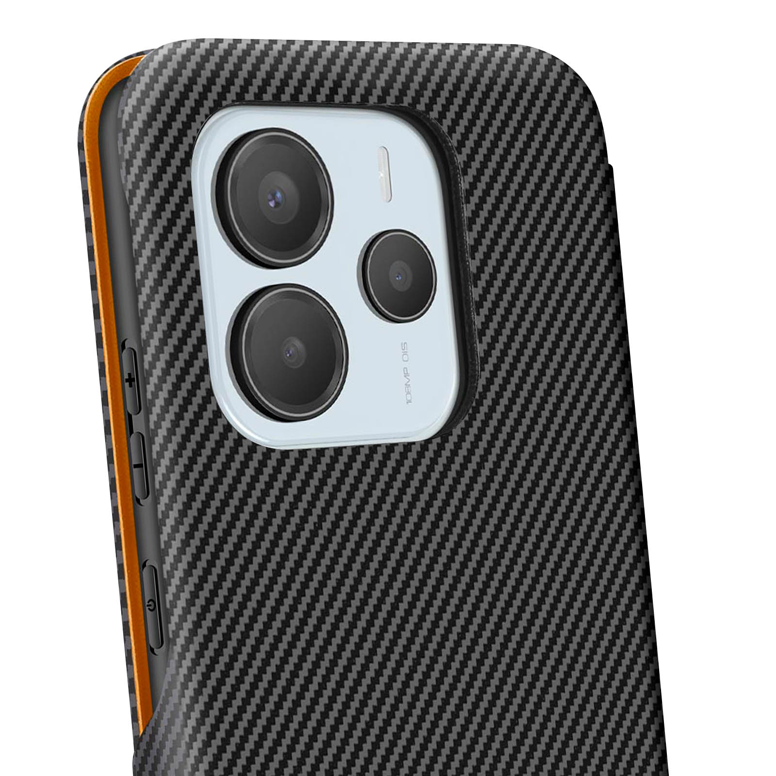 Primo piano di una cover per telefono in fibra di carbonio nera con tripla fotocamera e bordo arancione.