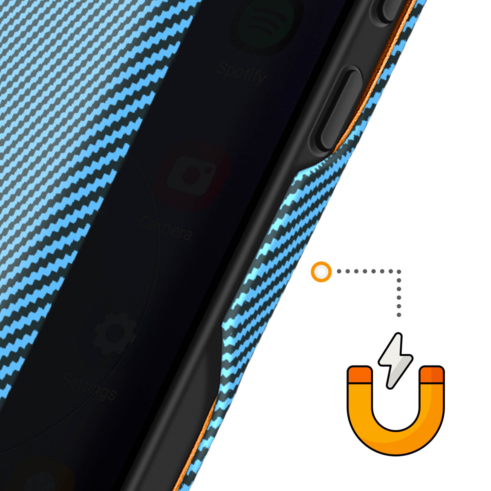 Un telefono con cover blu in fibra di carbonio e icona magnetica.