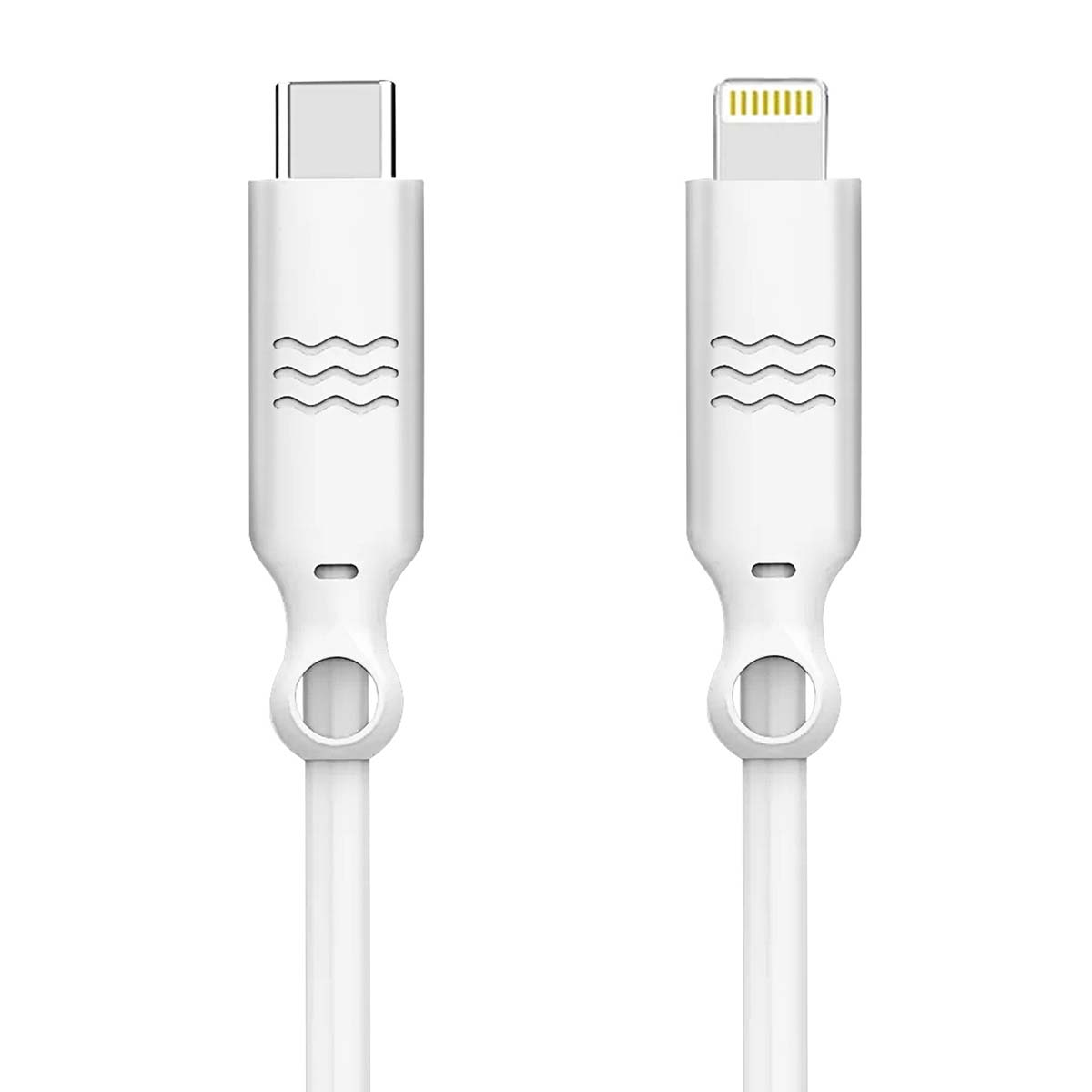 Zwei weiße Ladekabel mit USB-C und Lightning-Anschlüssen nebeneinander.
