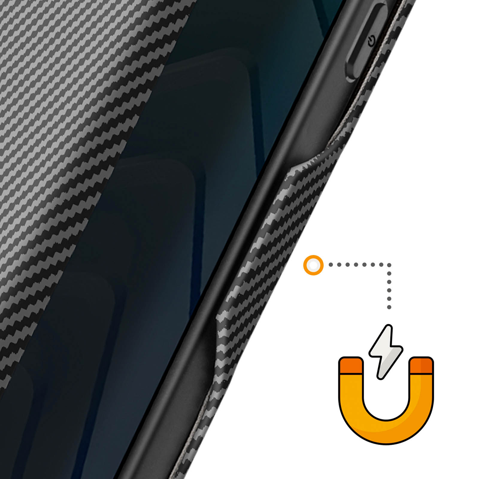 Primo piano di una custodia per telefono testurizzata in fibra di carbonio con icona magnetica.