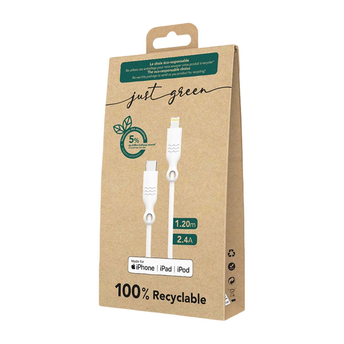 Verpackung für ein weißes Ladekabel von Just Green mit 1,20 m und 2,4 A.