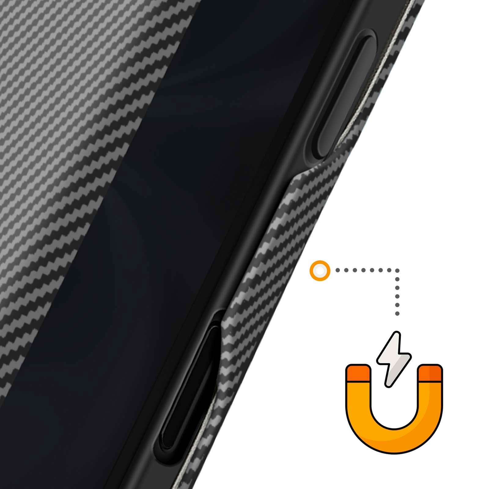 Ein Handyhülle mit Carbonmuster und einem Magnet-Symbol.