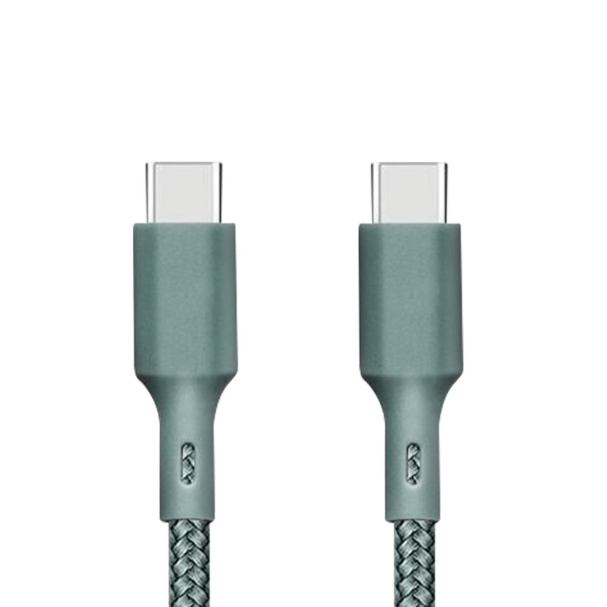 Due cavi USB-C color verde acqua con design intrecciato su sfondo bianco.