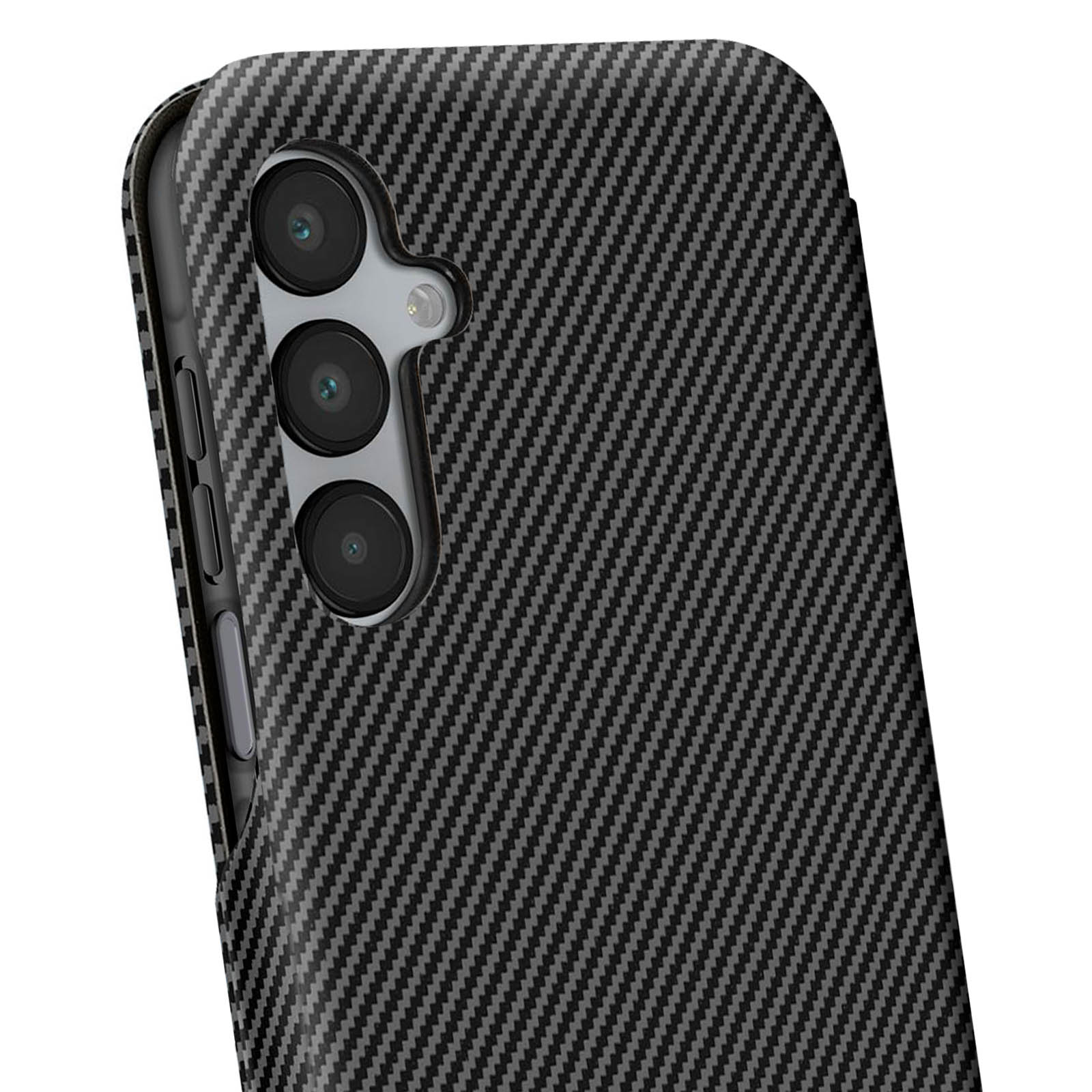 Retro di uno smartphone con motivo in fibra di carbonio e tre fotocamere.