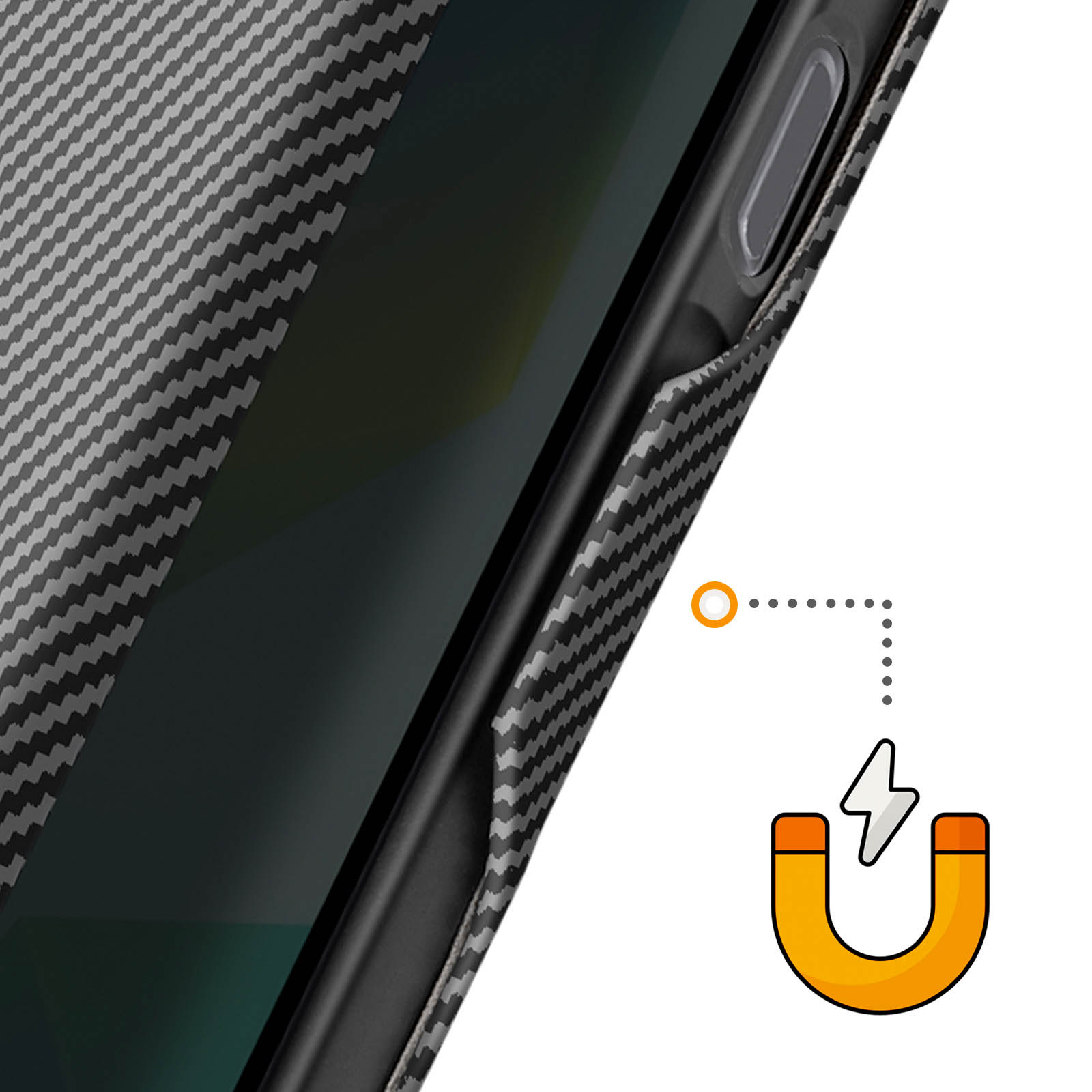 Primo piano di una custodia per telefono con motivo in fibra di carbonio e icona magnete.