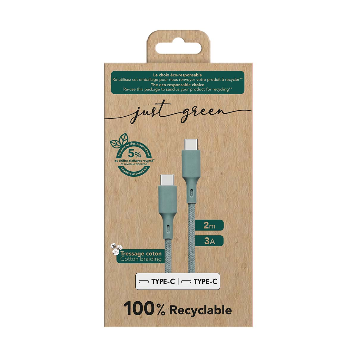 Cavo USB-C verde con treccia in cotone, 2m, 3A, 100% riciclabile.