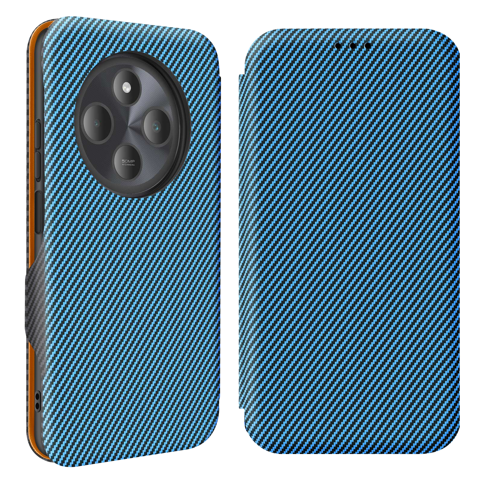 Una custodia per telefono blu con motivo in carbonio, vista frontale e posteriore.
