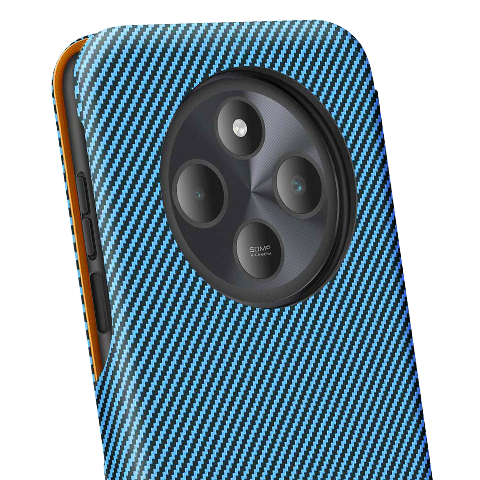 Una cover per telefono blu e nera con motivo in fibra di carbonio.
