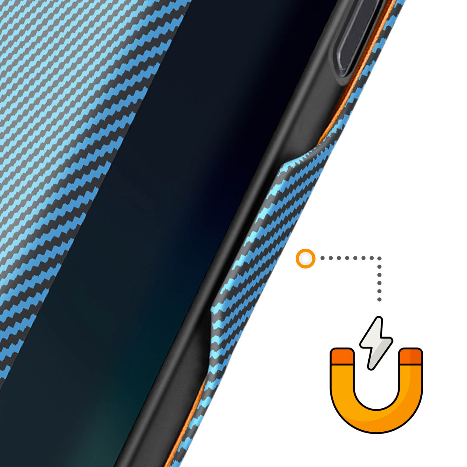 Una cover per telefono con motivo in fibra di carbonio blu e nera con icona magnetica.