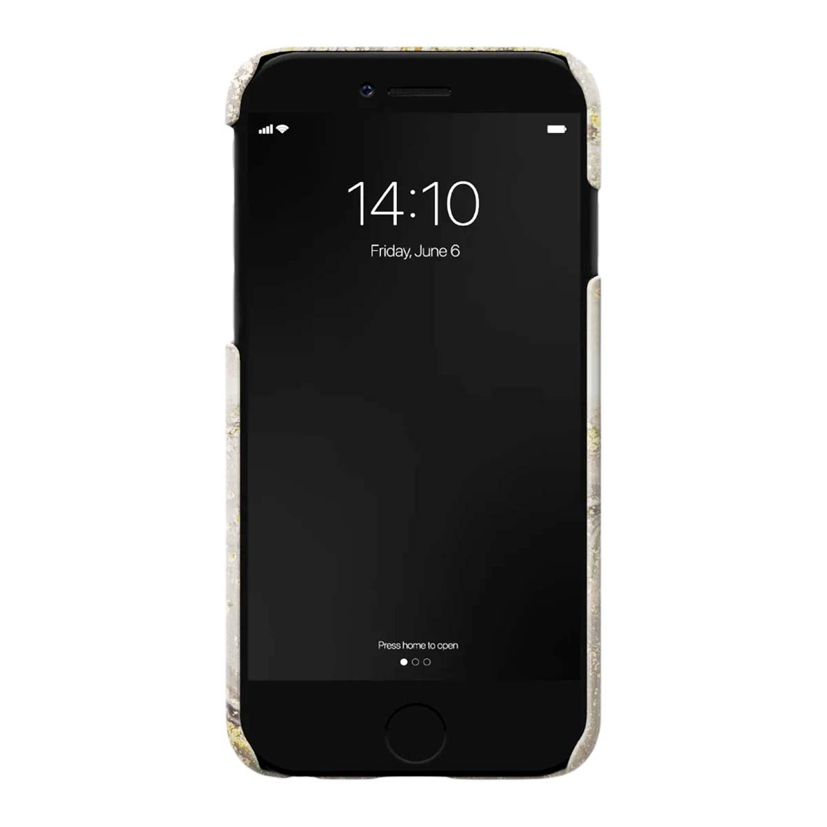 Ein schwarzes Smartphone mit Musterhülle zeigt 14:10 Uhr, Freitag, 6. Juni.