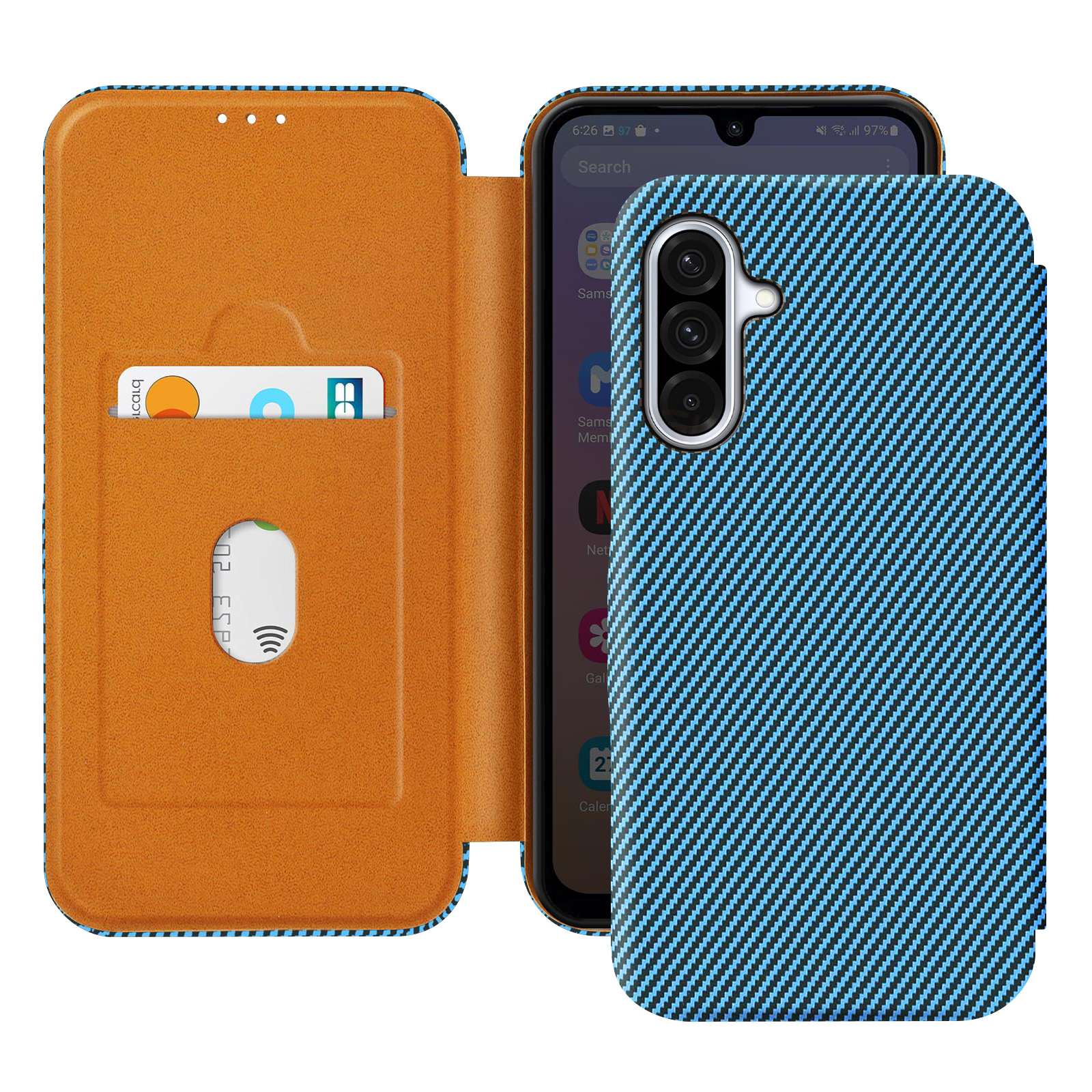 Ein Handy mit blauem Denim-Muster liegt neben einer braunen Brieftaschenhülle mit Karten.
