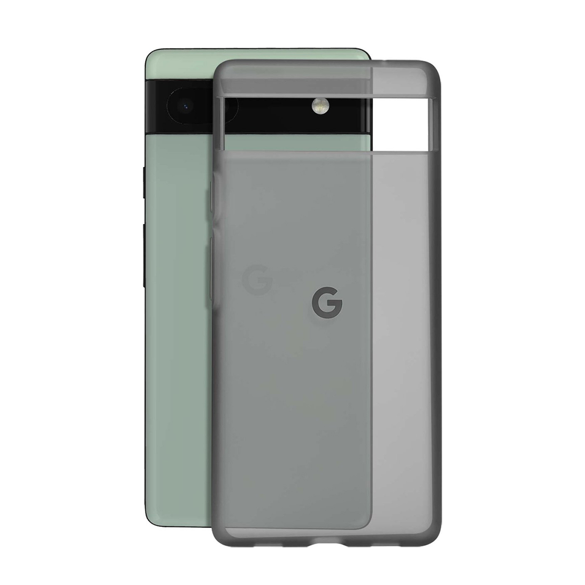 Grünes Google Pixel 6a mit durchsichtiger grauer Hülle daneben.