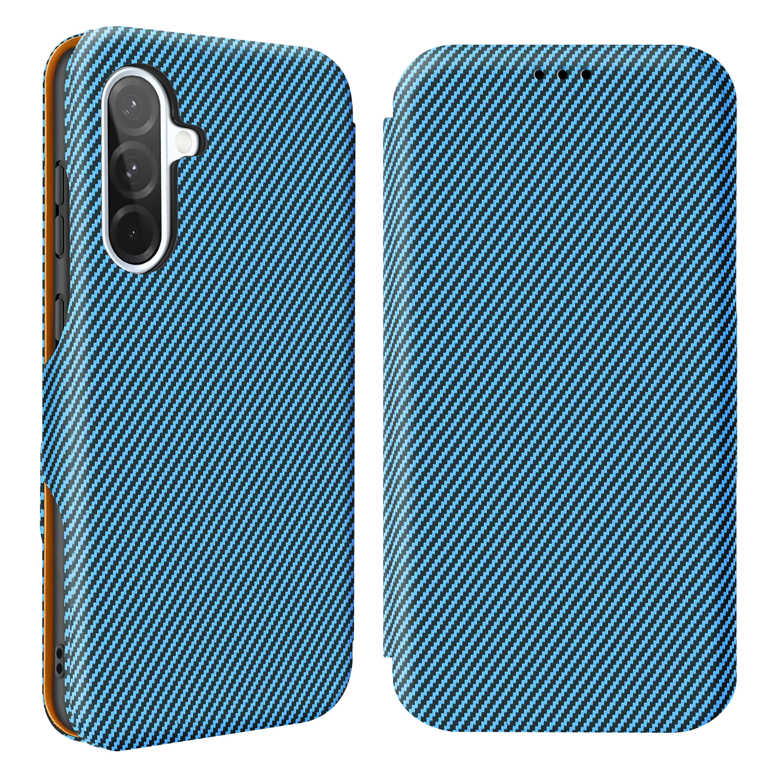 Blaues Handyhülle mit Carbonmuster, Kamera und Knöpfen sichtbar.