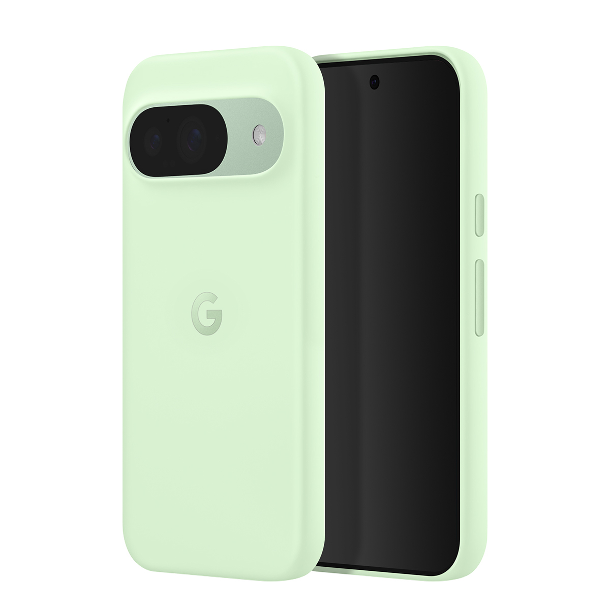Une coque de téléphone vert clair avec logo Google et découpe caméra.