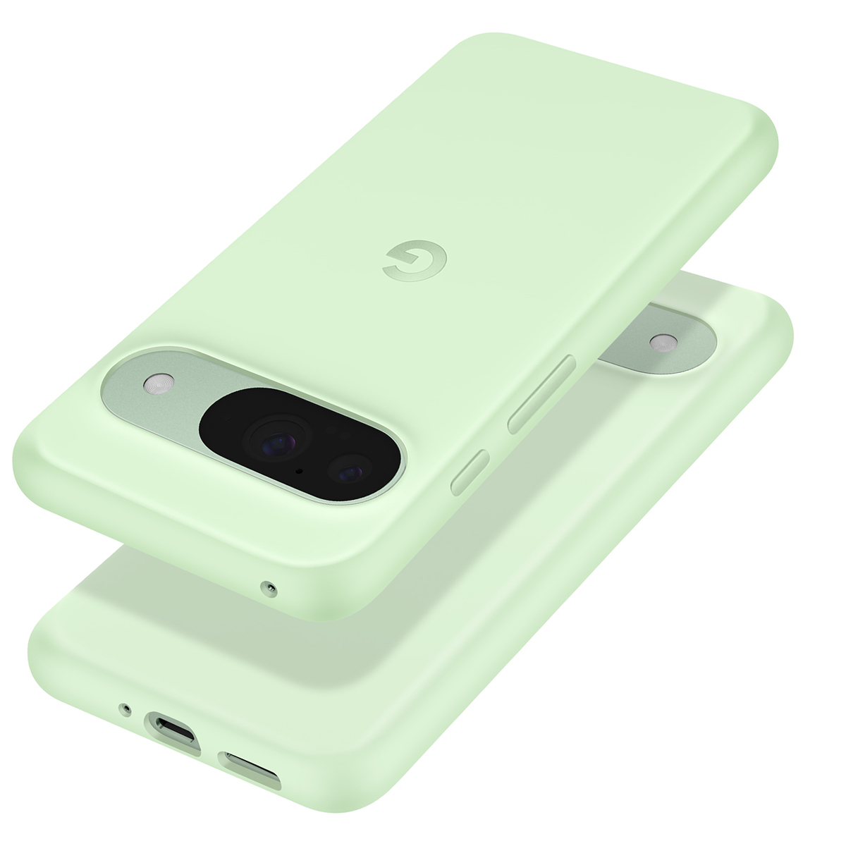 Deux coques de téléphone vert clair avec logo Google et découpe caméra.