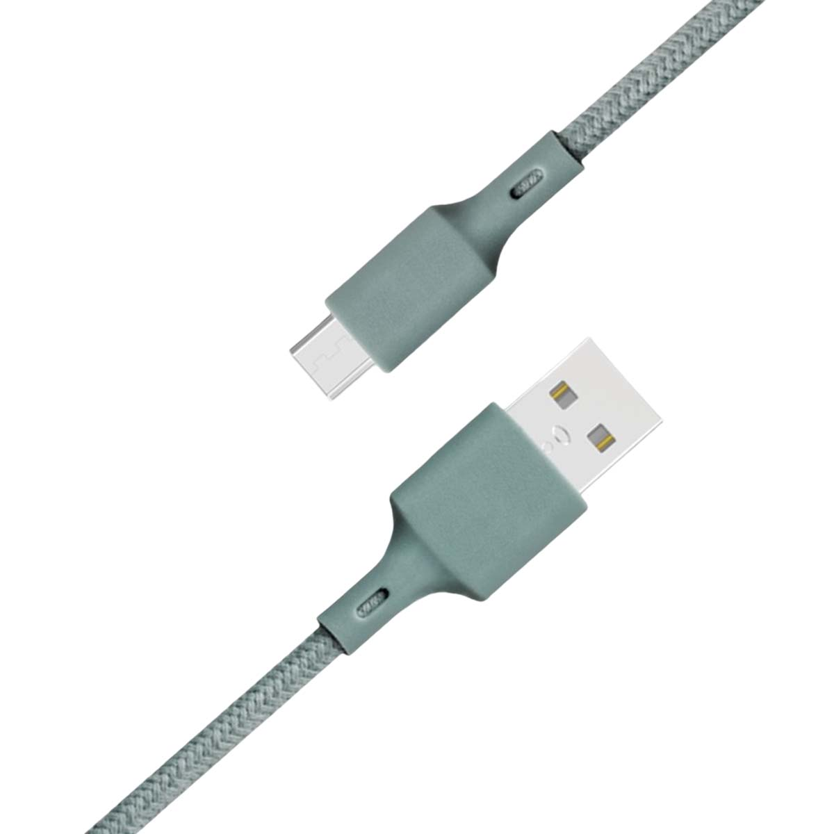 Un cavo USB-C grigio intrecciato con connettori USB-A e USB-C.