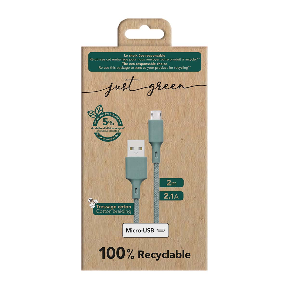 Un cavo Micro-USB verde con treccia di cotone su confezione ecologica.