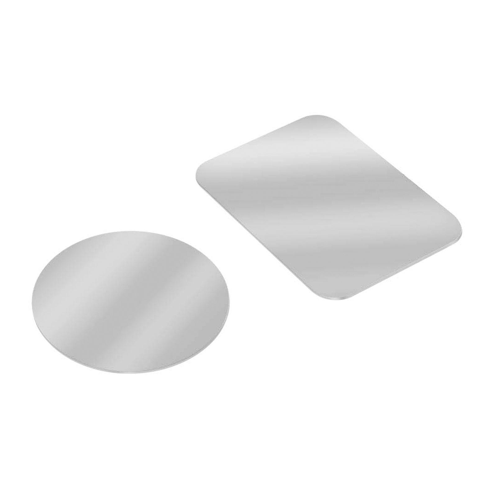 Due dischi metallici riflettenti su sfondo bianco, uno rotondo e uno rettangolare.