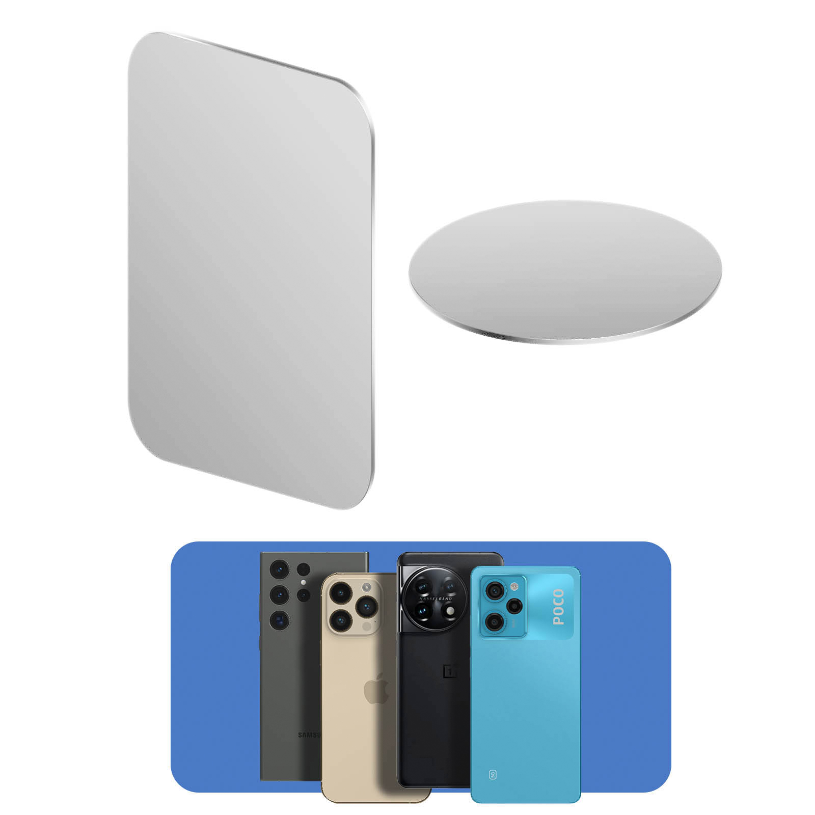 Uno specchio rettangolare e uno rotondo sopra quattro smartphone.