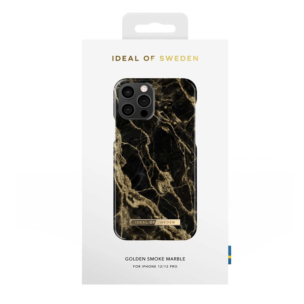 Verpackung für ein iPhone 12/12 Pro Hülle mit goldenem Rauchmarmor-Design.