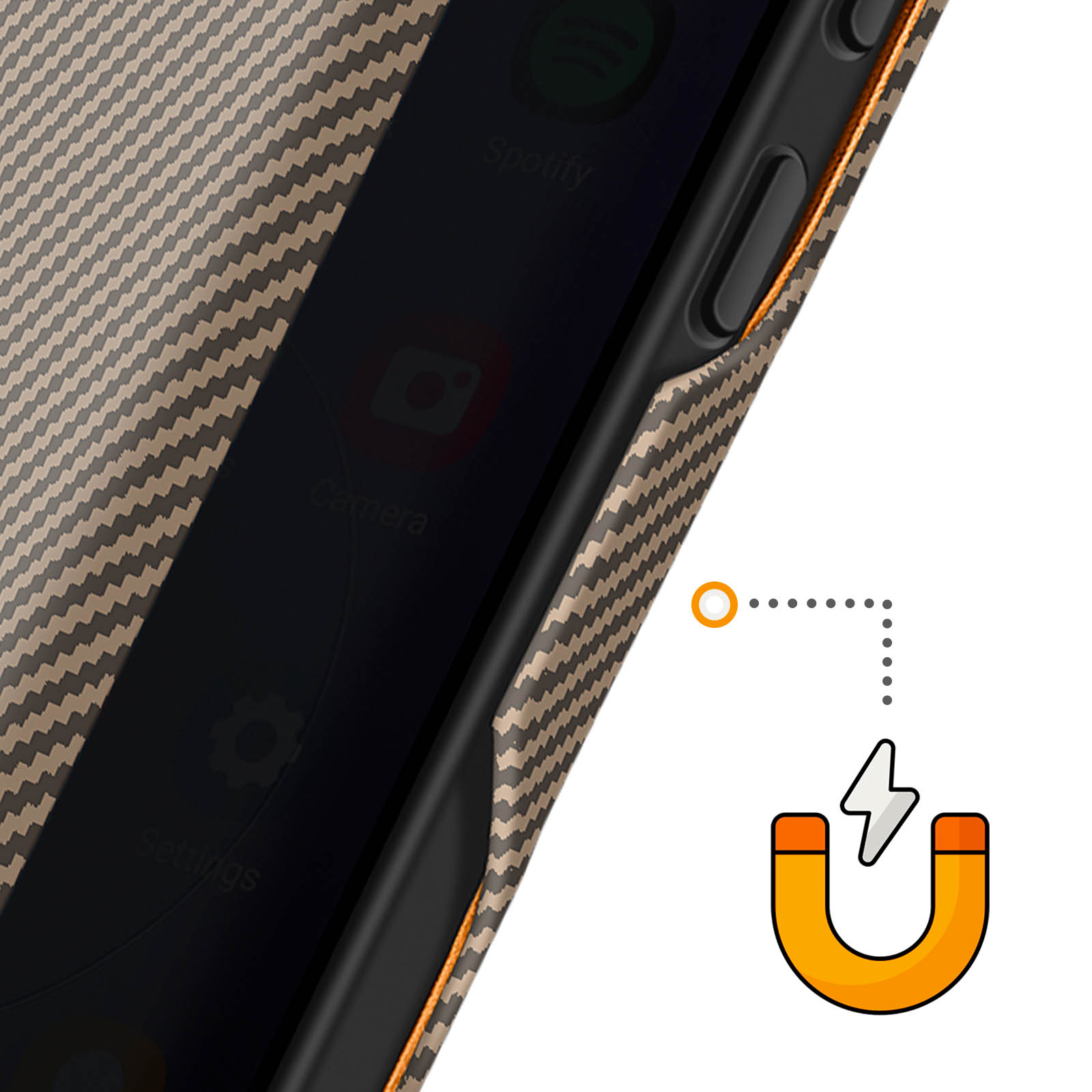 Ein Handy mit einer magnetischen
Abdeckung und einem Blitzsymbol.