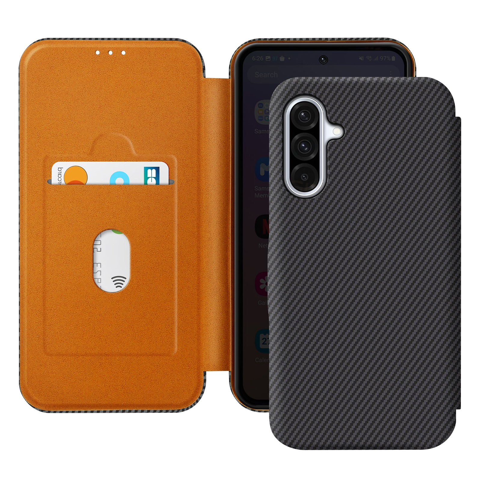 Ein braunes Handy-Etui mit Kartenfächern liegt neben einem Smartphone.
