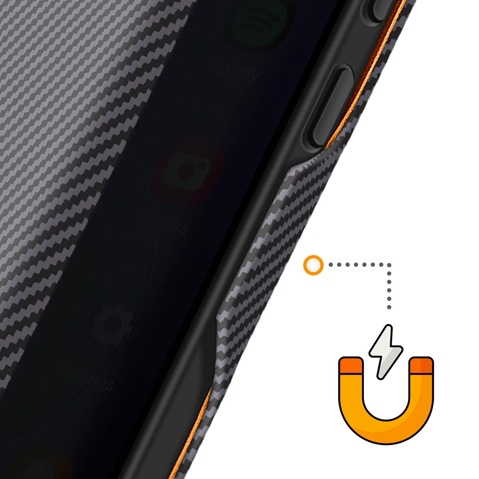 Ein Handy mit Carbon-Hülle und Magnet-Symbol daneben.