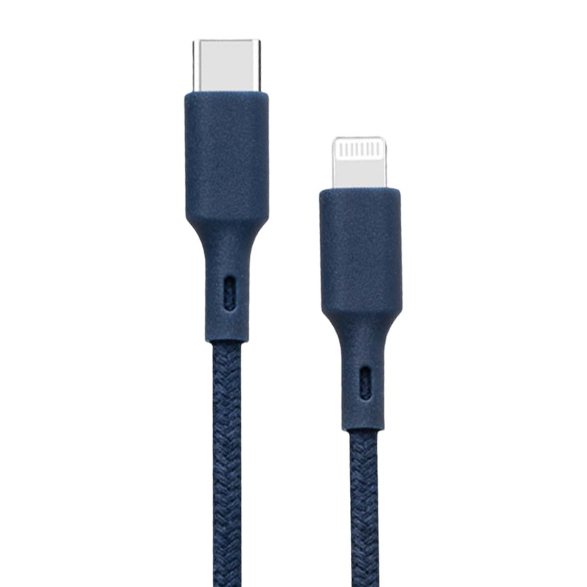 Ein blauer USB-C- und ein Lightning-Kabel nebeneinander auf weißem Grund.