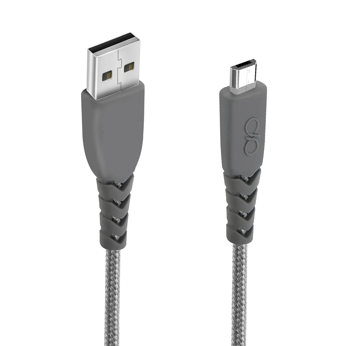 Cavo grigio da USB-A a Micro-USB con albero intrecciato.