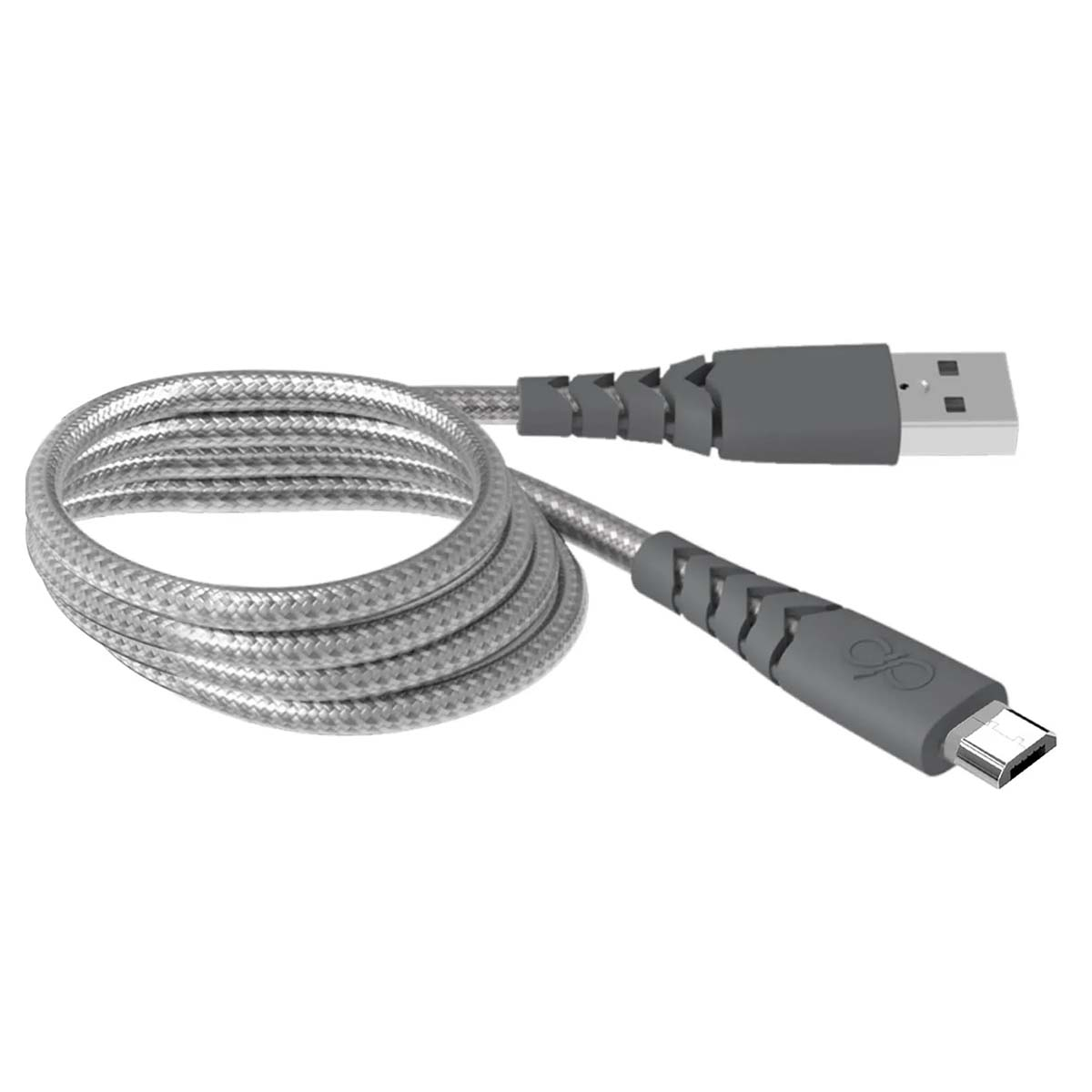 Cavo USB-C argentato arrotolato con connettori USB-A e USB-C.