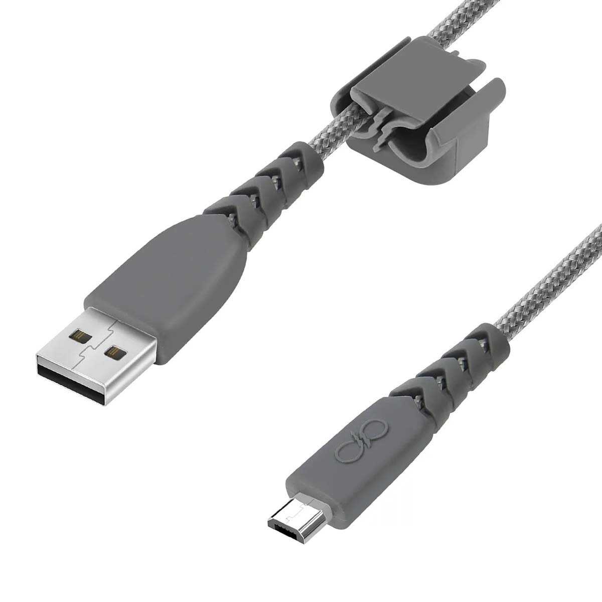 Cavo USB grigio con un connettore USB-A e un connettore Micro-USB.