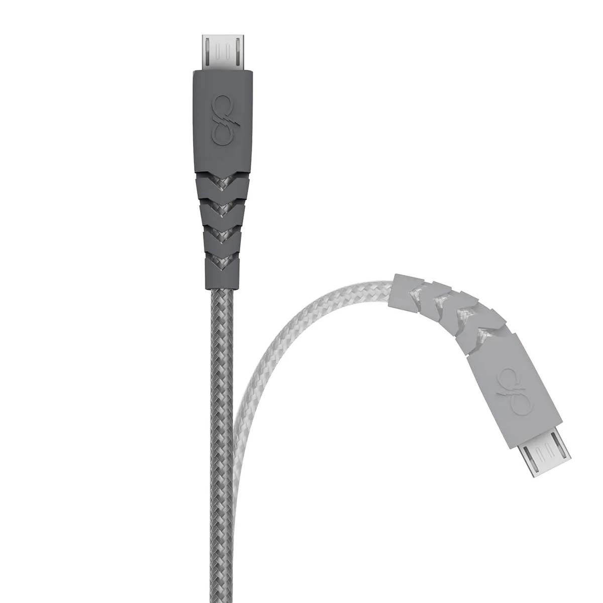 Cavo USB grigio con logo grigio e cavo intrecciato.