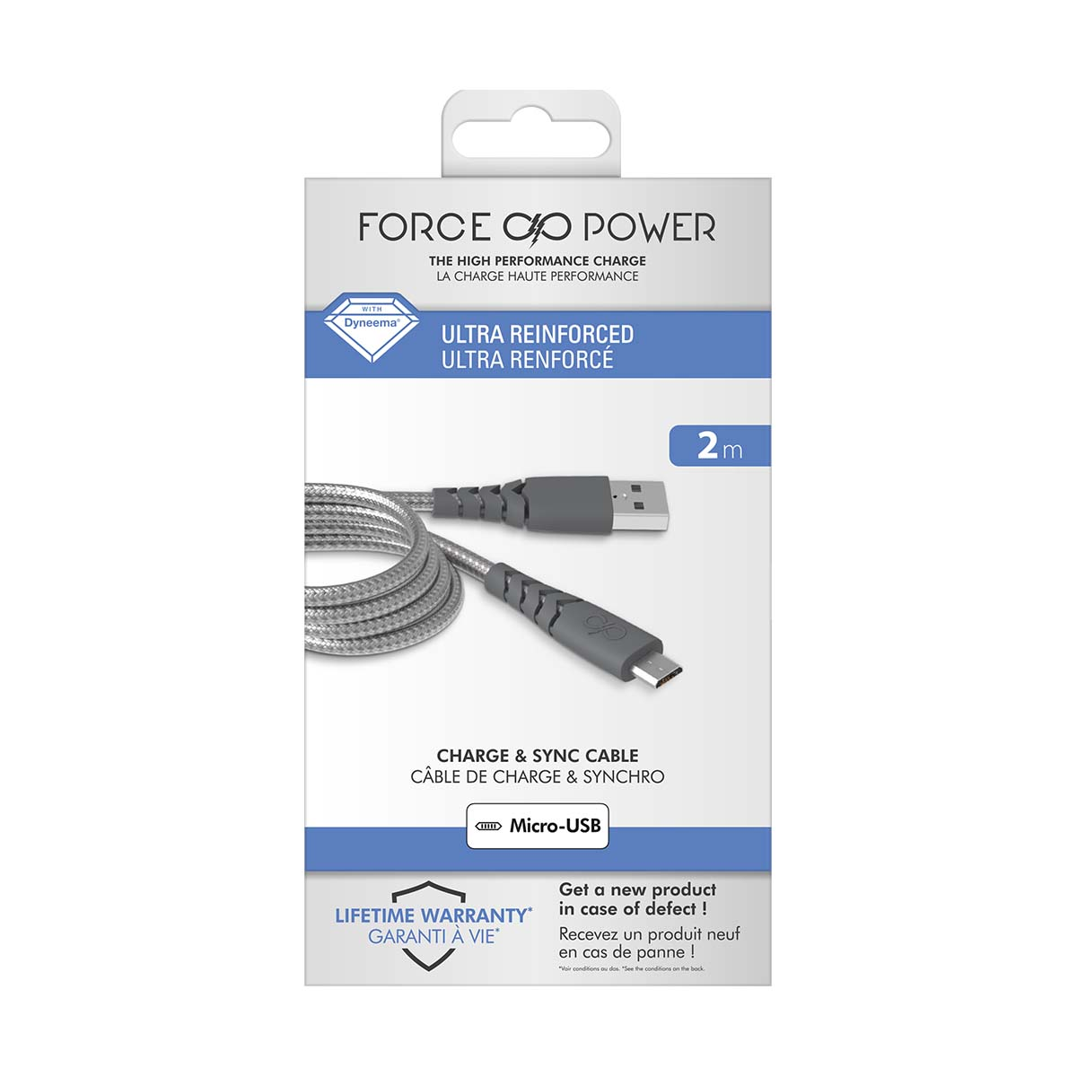 Confezione di un cavo Micro-USB 2m ultra-rinforzato per carica e sincronizzazione.