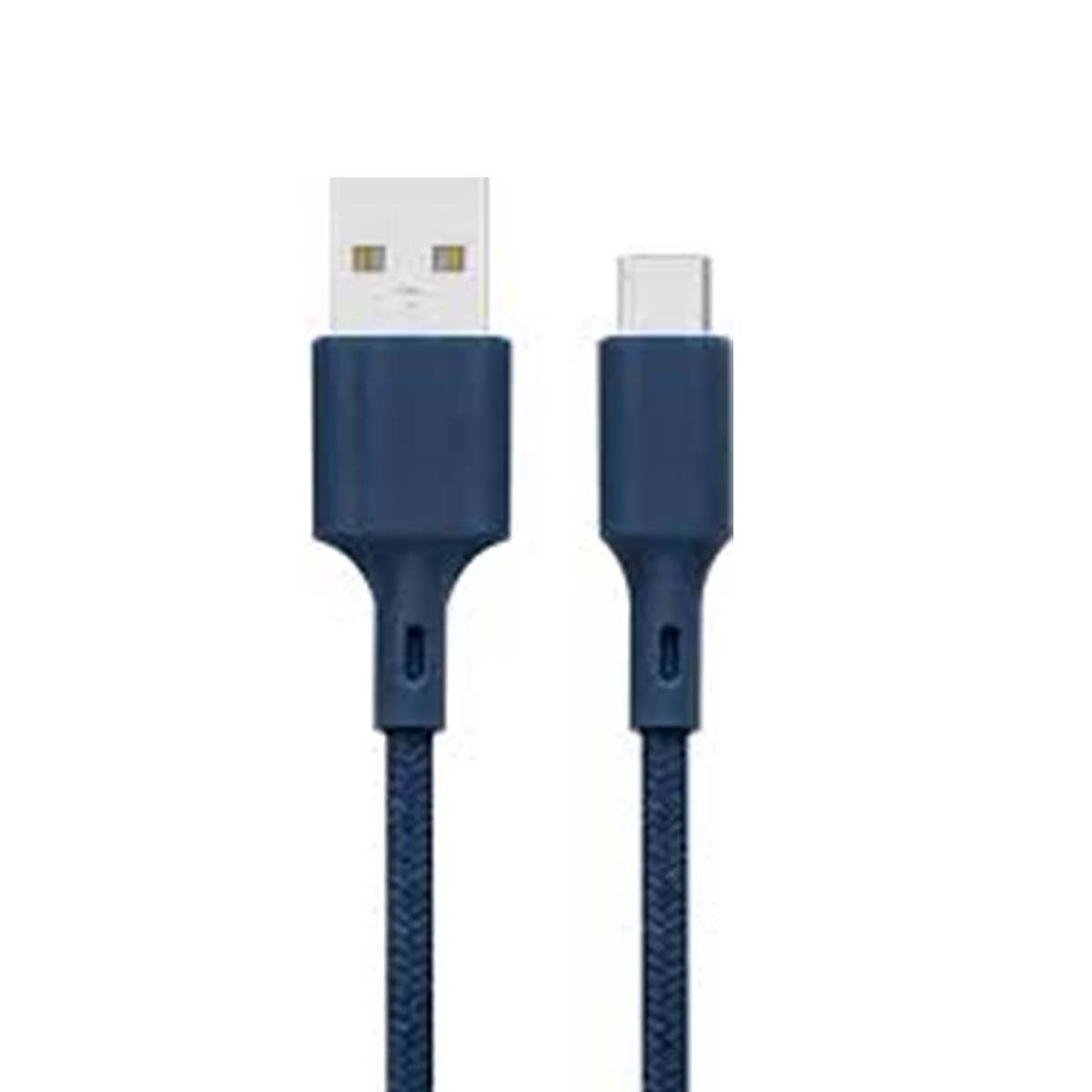 Un cavo USB-A a USB-C blu intrecciato in tessuto.
