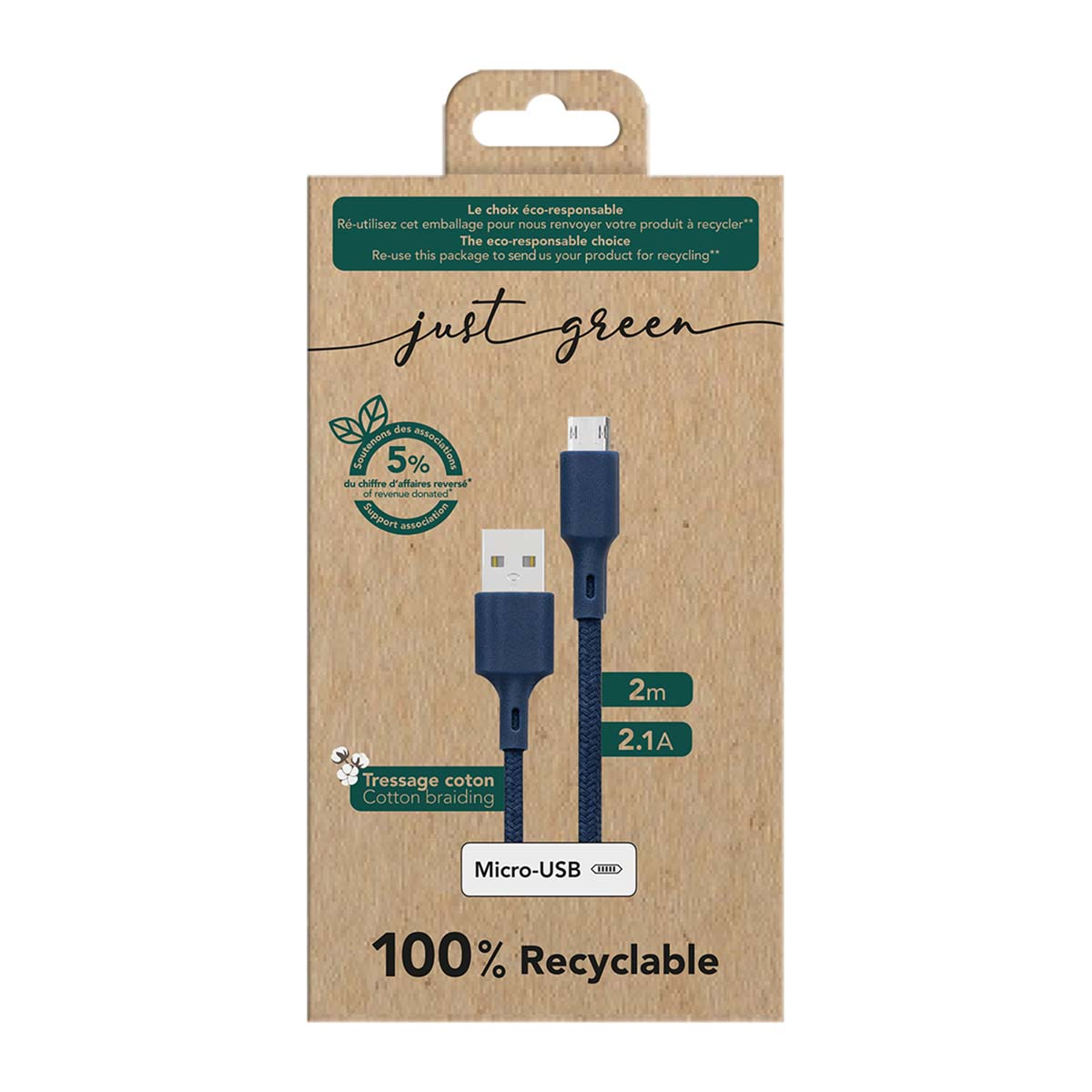 Confezione per un cavo micro-USB blu con treccia di cotone.