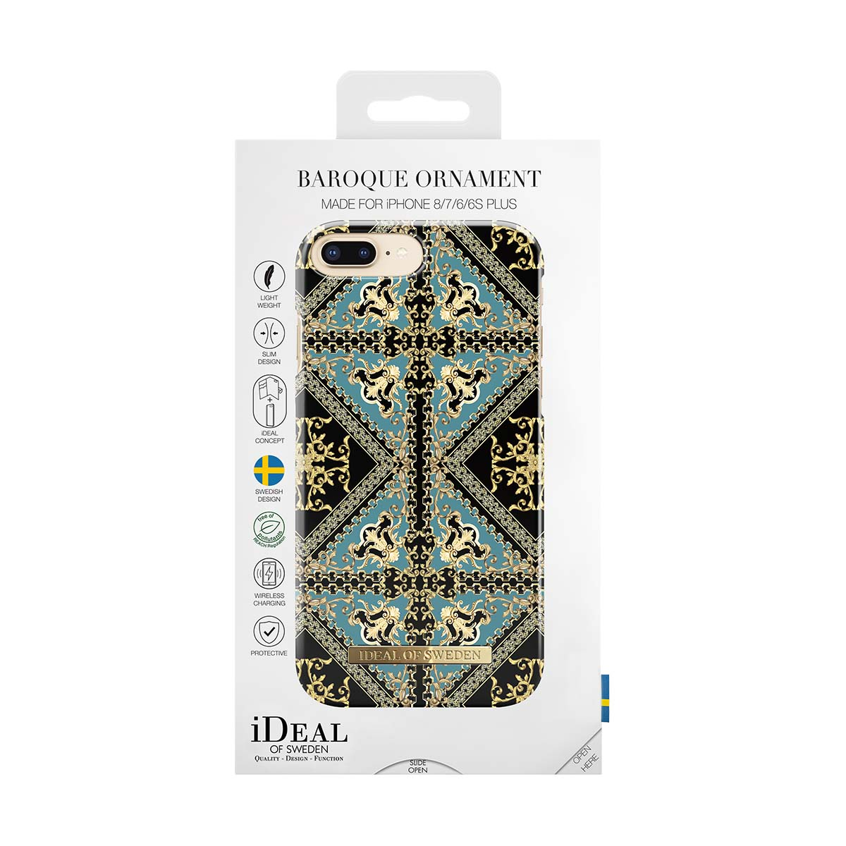iPhone Hülle mit barockem Ornamentmuster in Blau, Schwarz und Gold. Text: IDEAL OF SWEDEN.