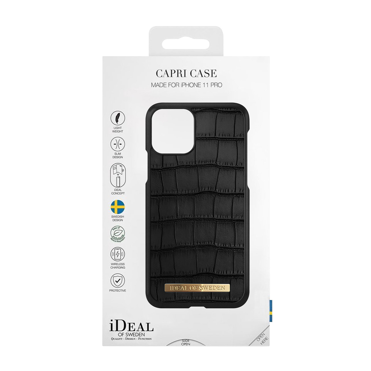 Custodia nera effetto coccodrillo per iPhone 11 Pro su confezione con logo svedese.