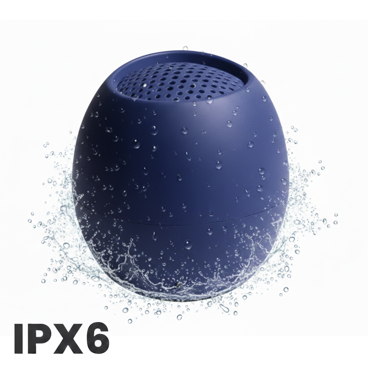 Haut-parleur sphérique bleu étanche IPX6 avec des éclaboussures d'eau autour.