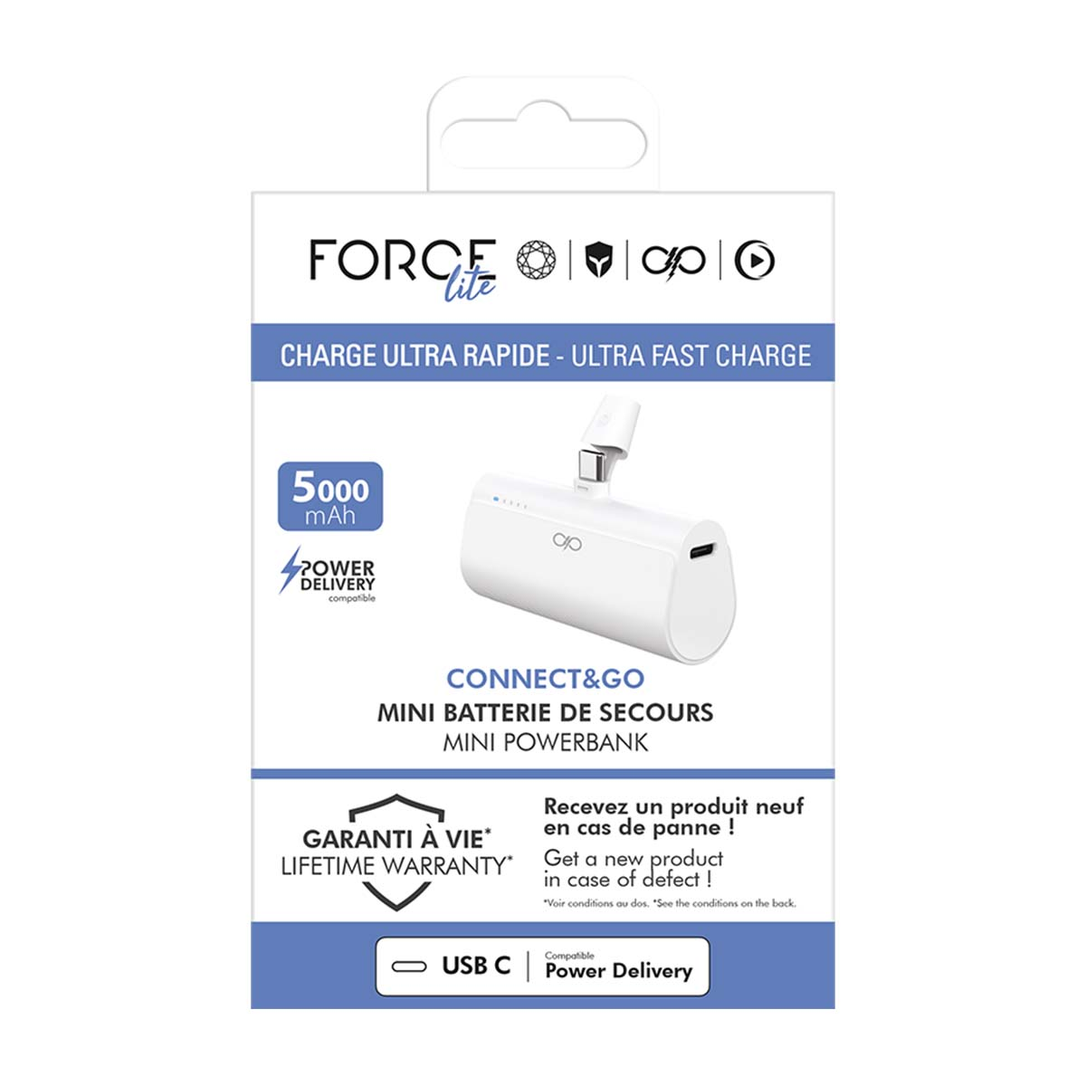 Emballage d'une batterie externe blanche 5000mAh avec USB-C et Power Delivery.