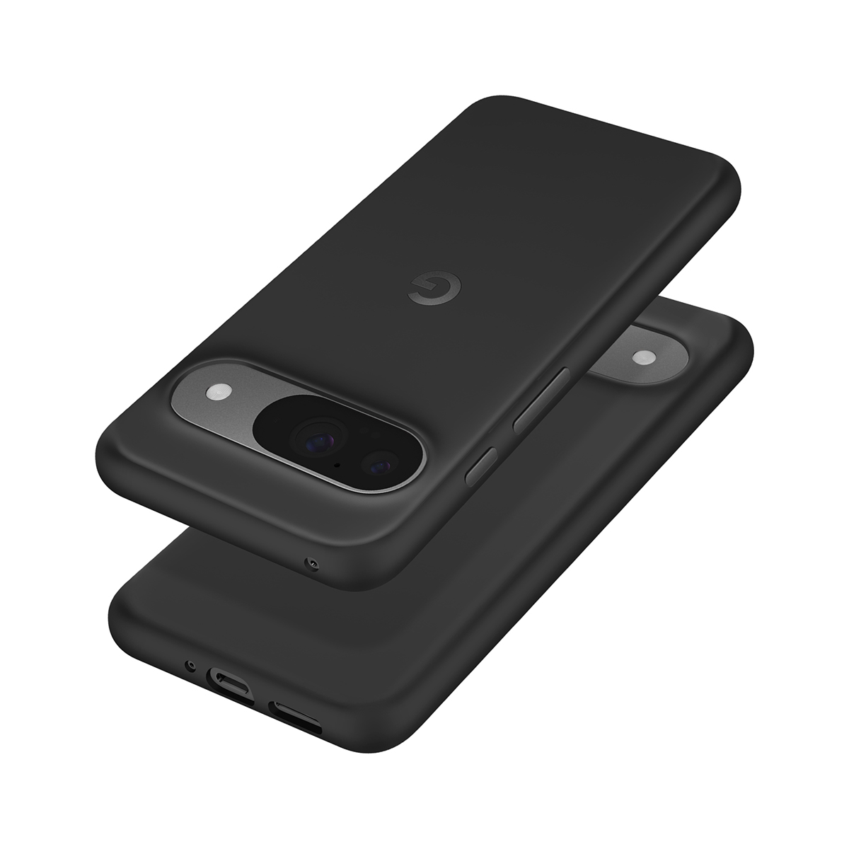 Zwei schwarze Google Pixel-Handys mit Kameraausbuchtungen und G-Logos auf weißem Grund.