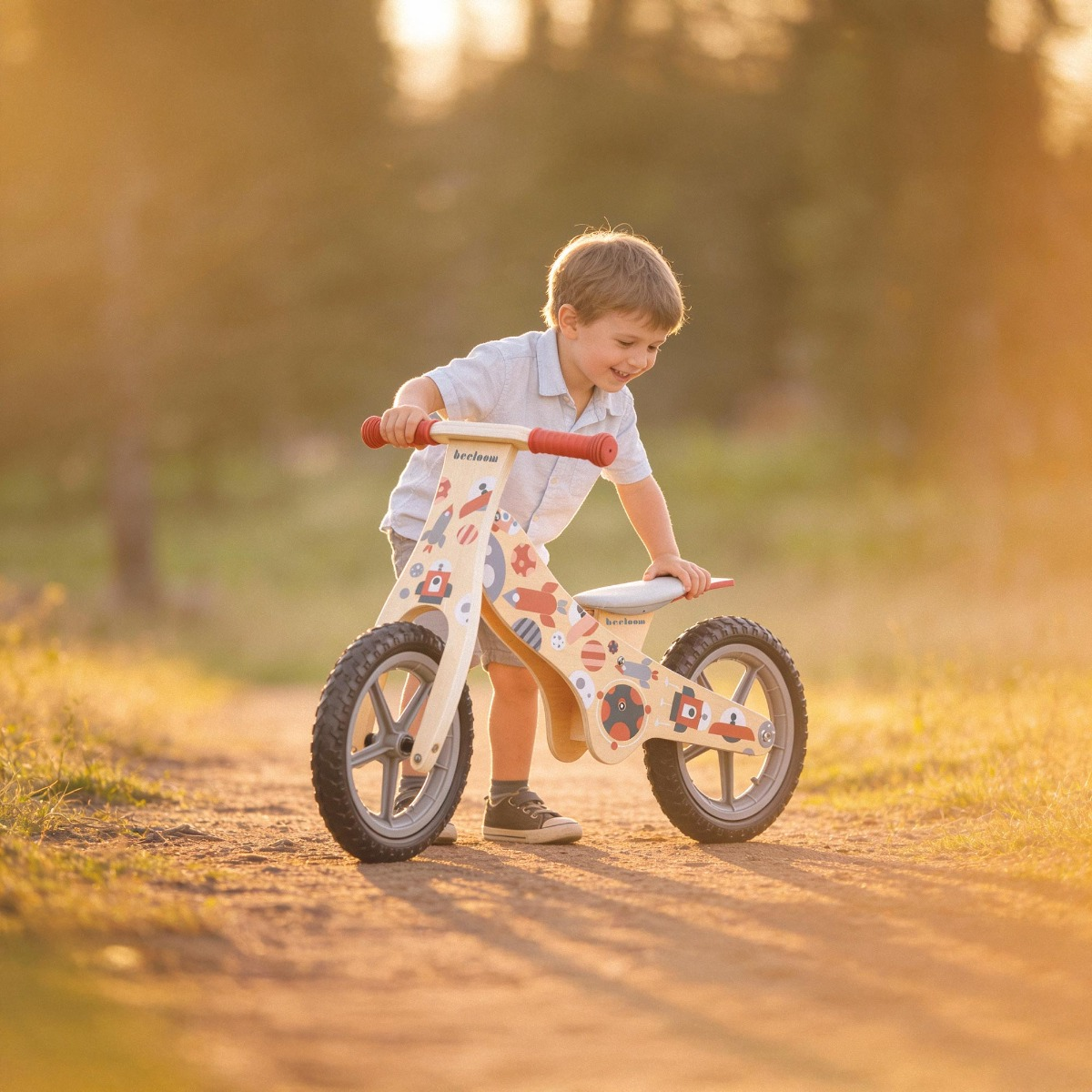 Un niño con una bicicleta de equilibrio con diseños de cohetes.