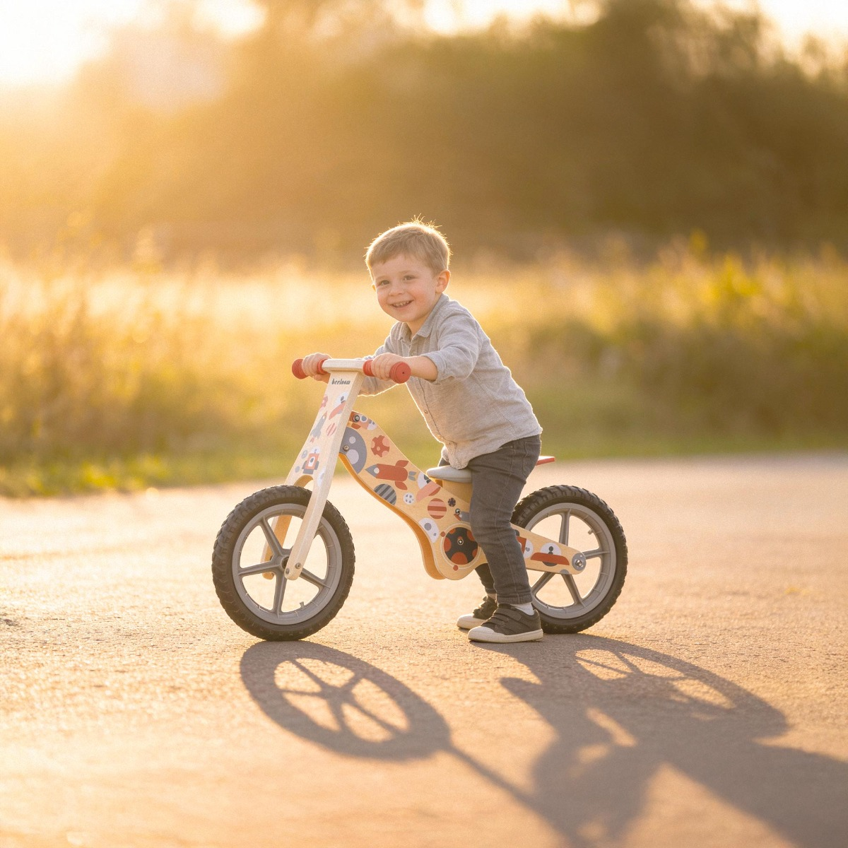 Un niño monta una bici de equilibrio con diseño de cohete al sol.