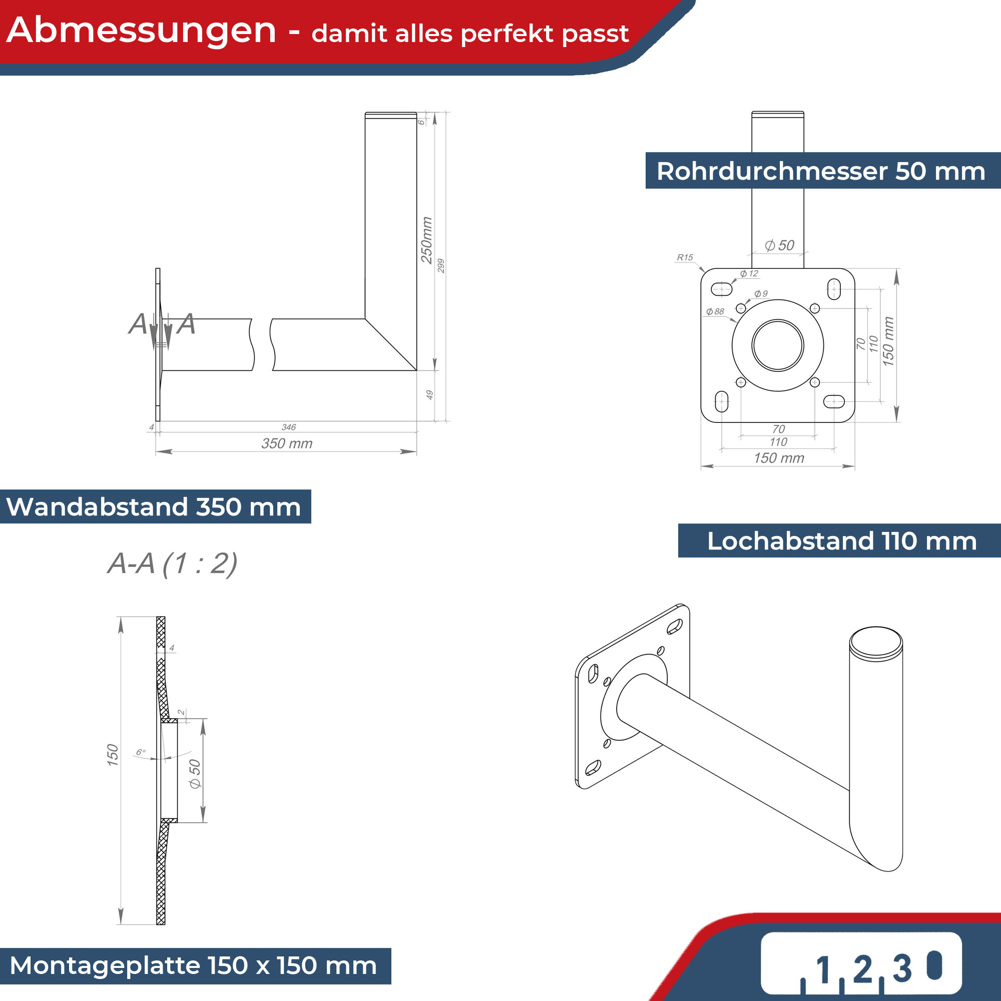 Technische Zeichnungen mit Maßen für eine Halterung: Wandabstand 350mm, Lochabstand 110mm, Rohrdurchmesser 50mm.
