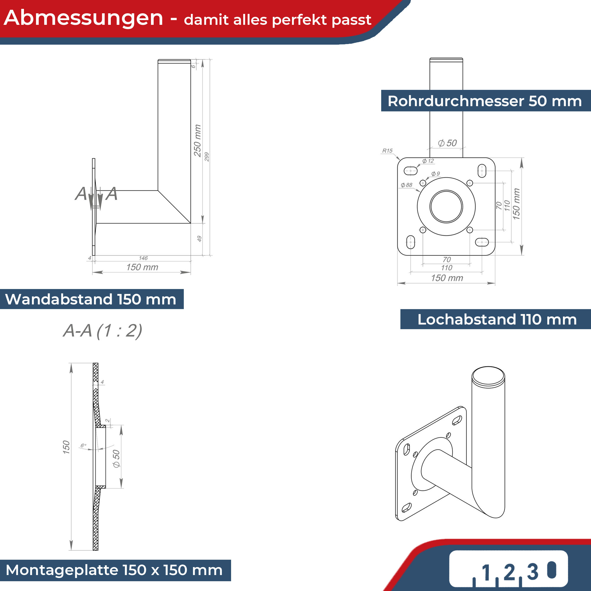 Technische Zeichnungen mit Maßen für Halterungen: Wandabstand, Rohrdurchmesser, Montageplatte.