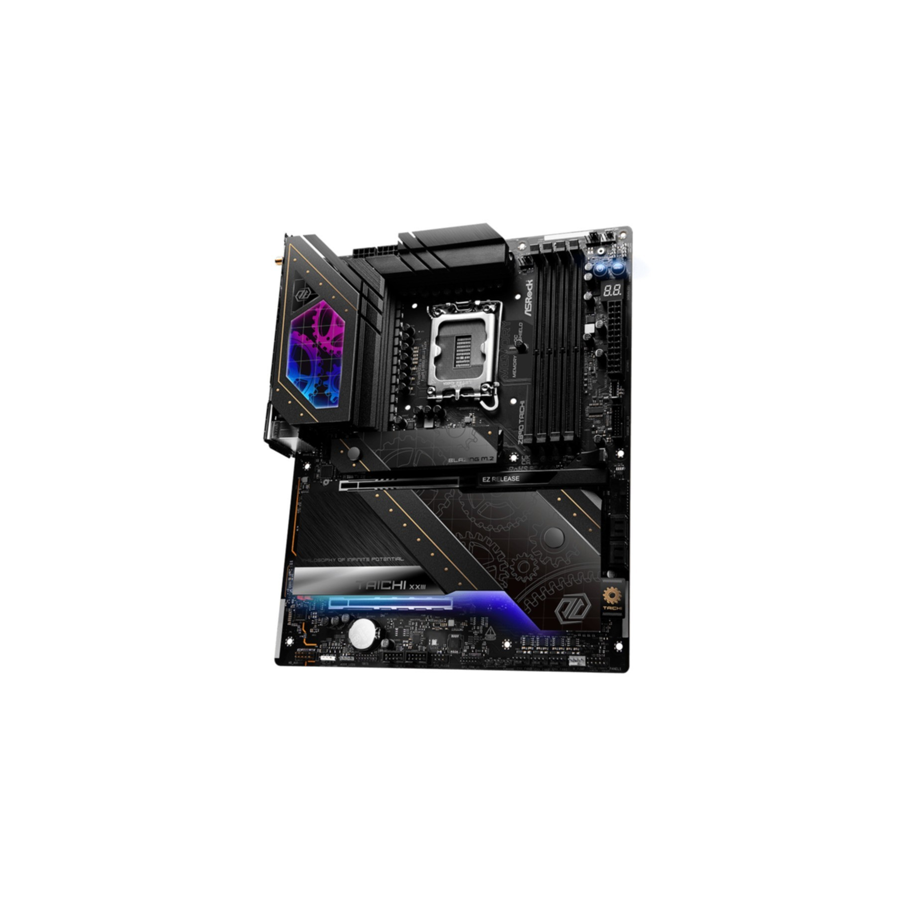 Czarna płyta główna z oświetleniem RGB i złotymi akcentami.