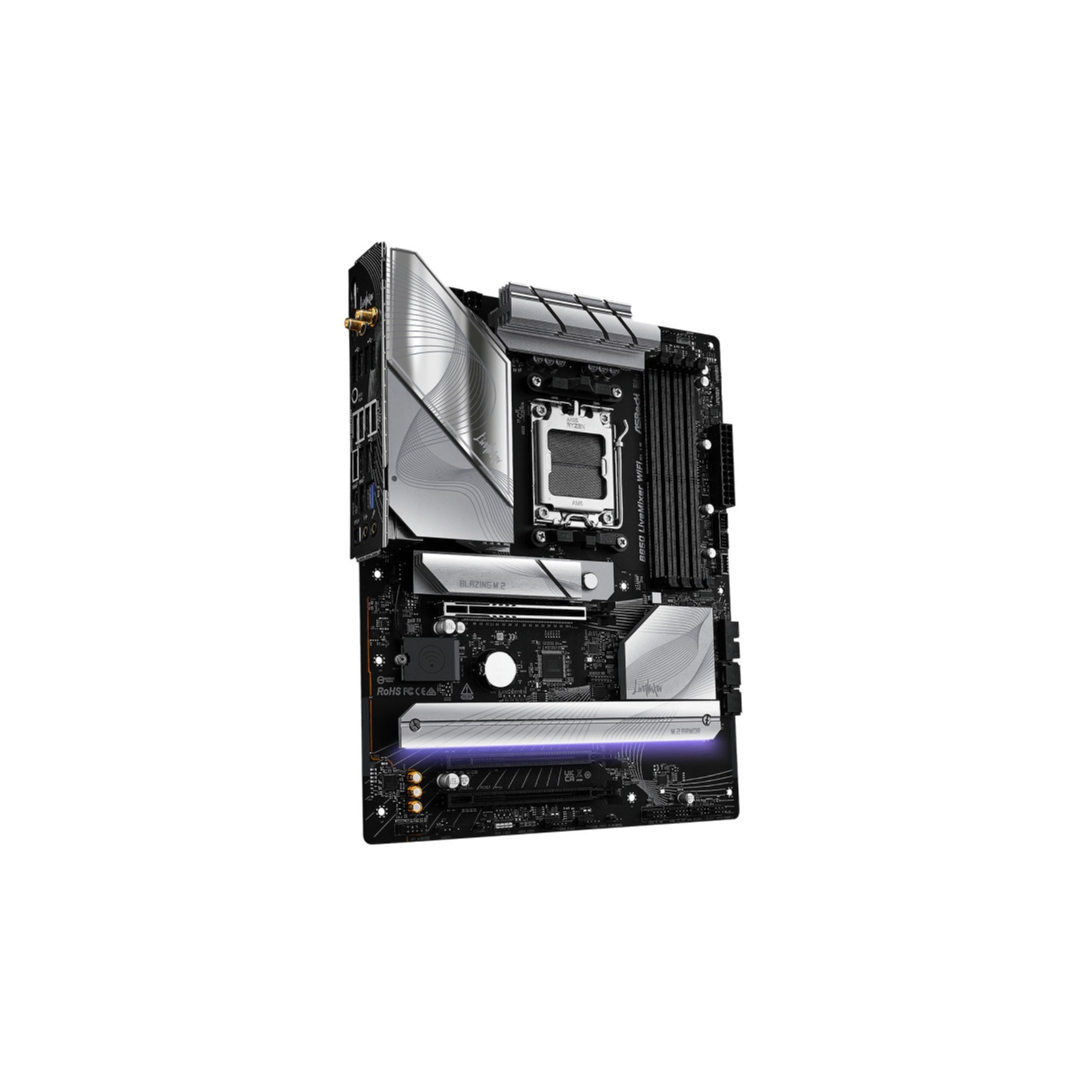 Srebrno-czarna płyta główna komputera z gniazdami RAM i złączami.