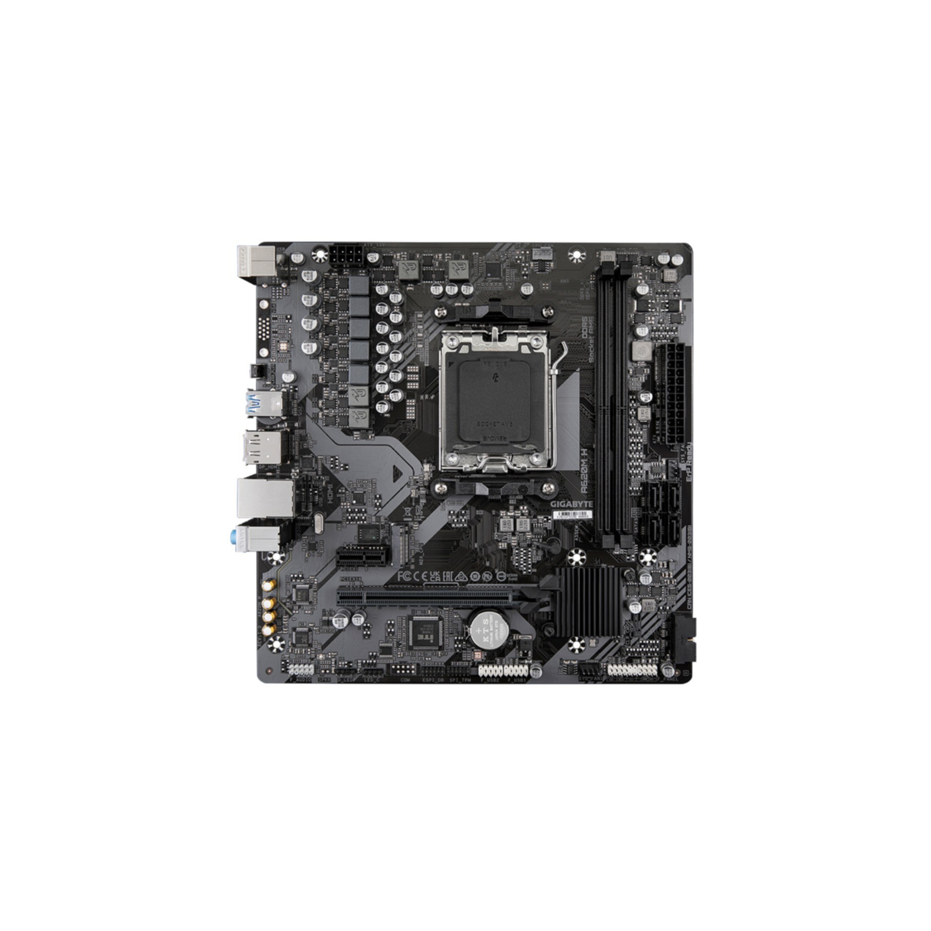 Czarna płyta główna Gigabyte A620M-H z gniazdem procesora, slotami RAM i złączami.